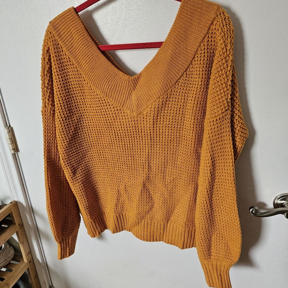 Zenana Cozy Mustard Chunky Knit Oversized V-Neck Sweater